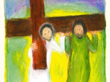 Simon von Cyrene hilft Jesus das Kreuz zu tragen Ein Kreidegemaltes Bild - Bauer Simon von Cyrene hilft Jesus das Kreuz zu tragen