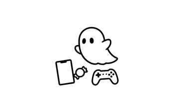 Simples Icon von einem Geist, der neben einem Handy, einem Zuckerl und einem Gaming-Controller schwebt. 