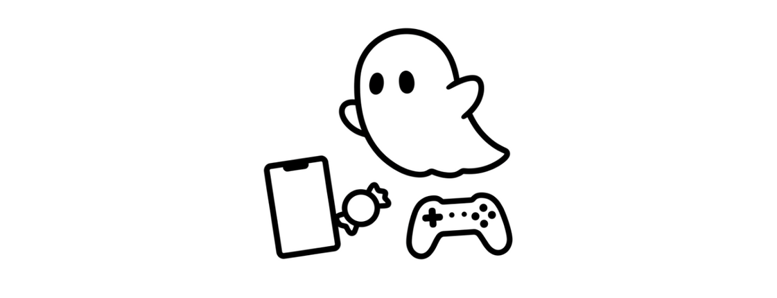 Simples Icon von einem Geist, der neben einem Handy, einem Zuckerl und einem Gaming-Controller schwebt. 