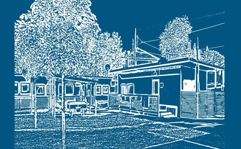 Bungalows mit Bäumen und Sitzgelegenheiten im Freien vor dunklem Hintergrund