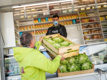 Krauthaeupl-Bauer übergibt Salatspende an Caritas-Mitarbeiter für die Lebensmittelnotausgabe