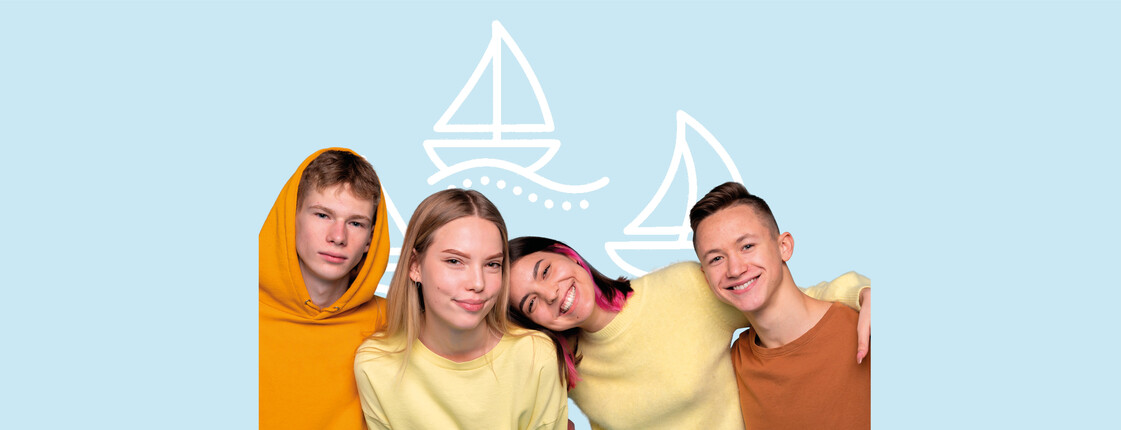 Titelbild für Schulsozialarbeit-Workshop "Teambuilding" mit Jugendlichen und Grafik von Schiffen im Hintergrund