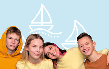 Titelbild für Schulsozialarbeit-Workshop "Teambuilding" mit Jugendlichen und Grafik von Schiffen im Hintergrund