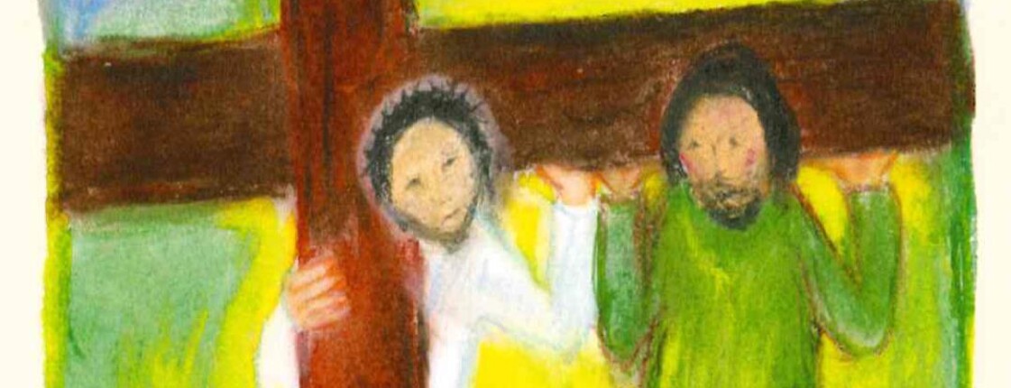 Ein Kreidegemaltes Bild - Bauer Simon von Cyrene hilft Jesus das Kreuz zu tragen