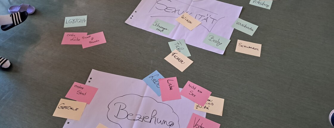 Zwei am Boden liegende weiße Plakate auf denen je einmal Sexualität und Beziehung draufsteht und daneben liegend verschiedene bunte Karten mit Schlagwörtern darauf, die zum Thema dazupassen.