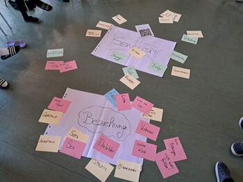 Zwei am Boden liegende weiße Plakate auf denen je einmal Sexualität und Beziehung draufsteht und daneben liegend verschiedene bunte Karten mit Schlagwörtern darauf, die zum Thema dazupassen.